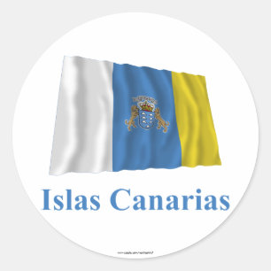 Pegatina Redonda Canarias ondeando bandera con nombre en español