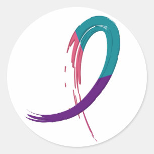 Pegatina Redonda Cáncer tiroideo Verde azulado, Púrpura Y Cinta Ros
