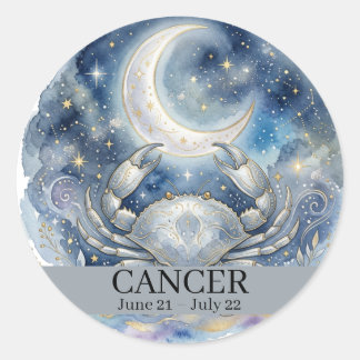 Pegatina Redonda Cáncer Zodiaco Cangrejo Celeste y Luna