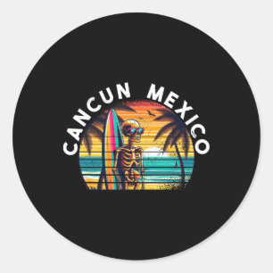 Pegatina Redonda Cancun México Cráneo Antiguo Surf Cancun