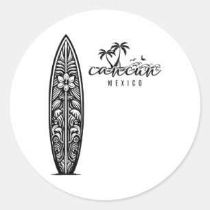 Pegatina Redonda Cancún México Playa Surf Surfboard Retro