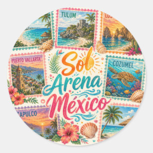Pegatina Redonda Cancun Sol Arena México Playas Hermosas Tropical