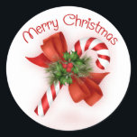 Pegatina Redonda Candy Cane Christmas Stickers<br><div class="desc">Caña de caramelo adornada con pino,  azulejos y un arco. Ideal para tus regalos de vacaciones.</div>