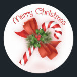 Pegatina Redonda Candy Cane Christmas Stickers<br><div class="desc">Caña de caramelo adornada con pino,  azulejos y un arco. Ideal para tus regalos de vacaciones.</div>