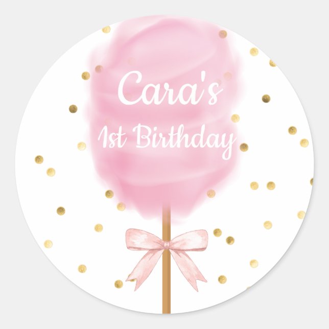Pegatina Redonda Candy land Cotton Candy Pink Birday Party Invita (Anverso)
