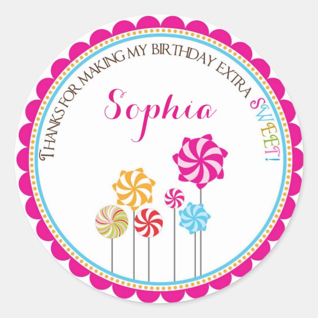 Pegatina Redonda Candy Land PinWheeler Pegatinas de cumpleaños (Anverso)