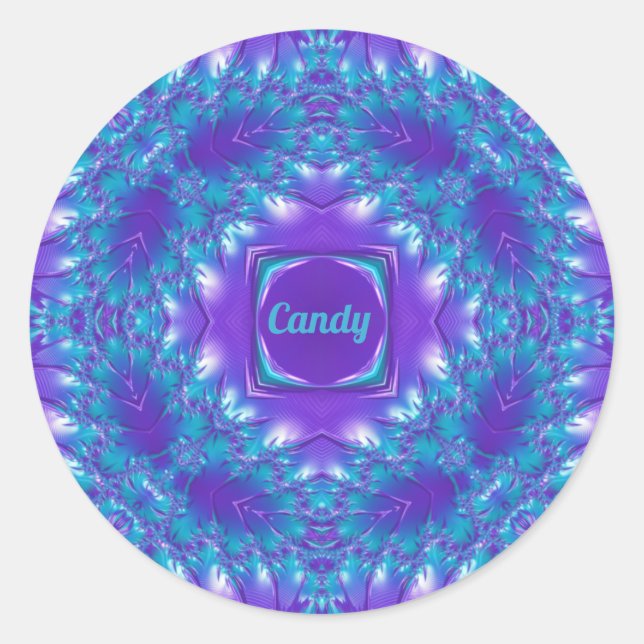 Pegatina Redonda CANDY ~ ¡WOW BONITO 3D! Aqua, morado y blanco ~ (Anverso)