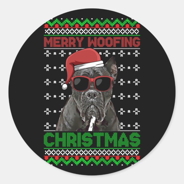 Pegatina Redonda Cane Corso Dog Funny Merry Woofing Navidades (Anverso)