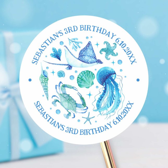 Pegatina Redonda Cangrejos, cangrejo, acuarela estingria Océanos an (Jellyfish, Crab, Stingray Watercolor Ocean Animals Classic Round Sticker)