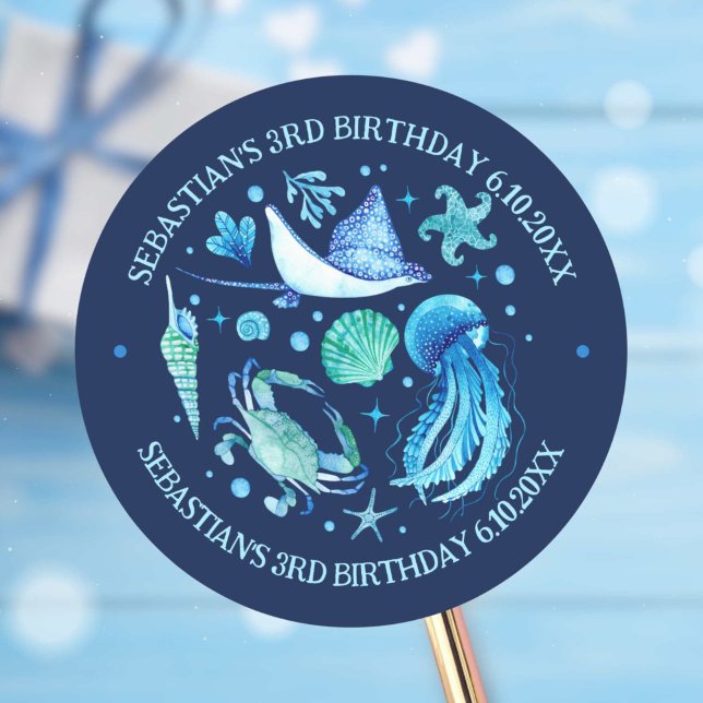 Pegatina Redonda Cangrejos de gelatina, cangrejo, acuarela de anima (Jellyfish, Crab, Stingray Ocean Animals Watercolor Classic Round Sticker)