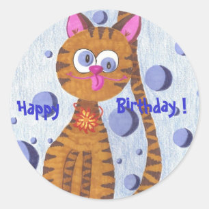 Pegatina Redonda Cannelle, el gato Feliz cumpleaños, pegatinas.