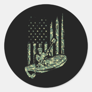 Pegatina Redonda Canoe Kayaker Camouflage Bandera estadounidense De