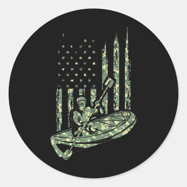 Pegatina Redonda Canoe Kayaker Camouflage Bandera estadounidense De (Anverso)