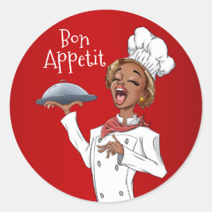 Pegatina Redonda Cantando a la mujer chef en un fondo rojo