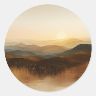 Pegatina Redonda Capas de puesta de sol de colinas rodantes de hora