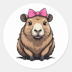 Pegatina Redonda Capibara lindo con Chicas de cinta rosada