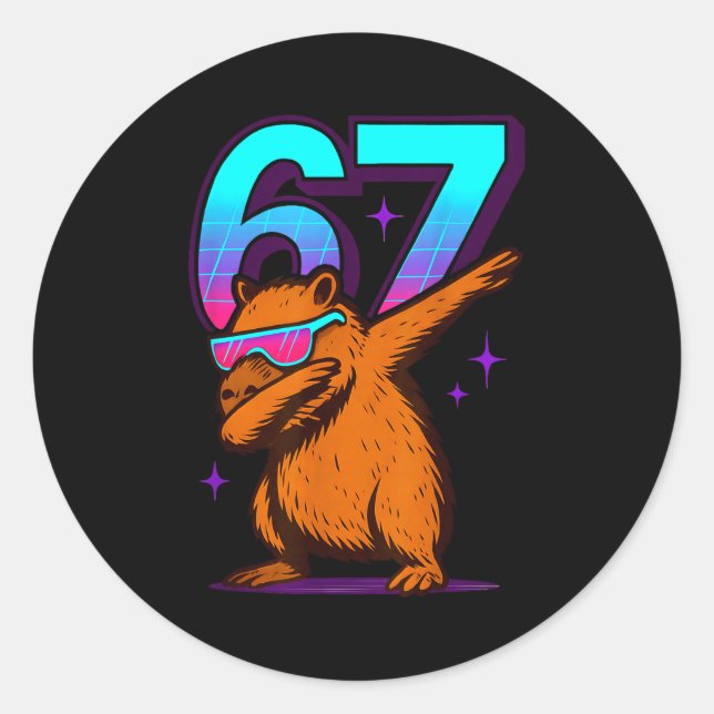 Pegatina Redonda Capibara Retro Neon Dabbing 67 (Anverso)