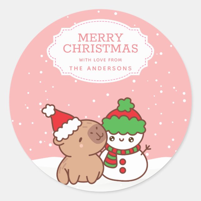 Pegatina Redonda Capibara Y Snowman Cuidan Feliz Navidad (Anverso)