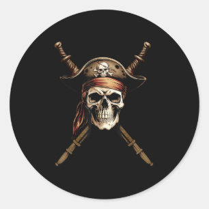 Pegatina Redonda Capitán de Barco Bandera Pirata Cráneo Huesos Cruz