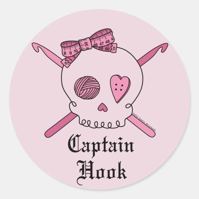 Pegatina Redonda Capitán Hook Skull & Crochet Hooks (Atrás Rosado) (Anverso)