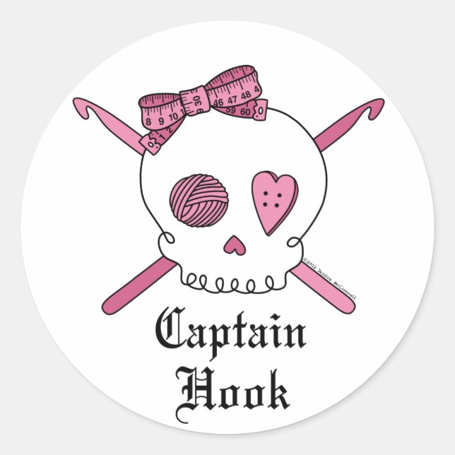 Pegatina Redonda Capitán Hook Skull & Crochet Hooks (Rosa) (Anverso)