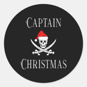 Pegatina Redonda Capitán Navidad Pirata Calavera Santa Sombrero B
