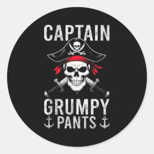 Pegatina Redonda Capitán Pantalones Gruñones Pirata Humor Calavera 