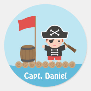Pegatina Redonda Capitán Pirata del Océano Balsa Niño Adorable