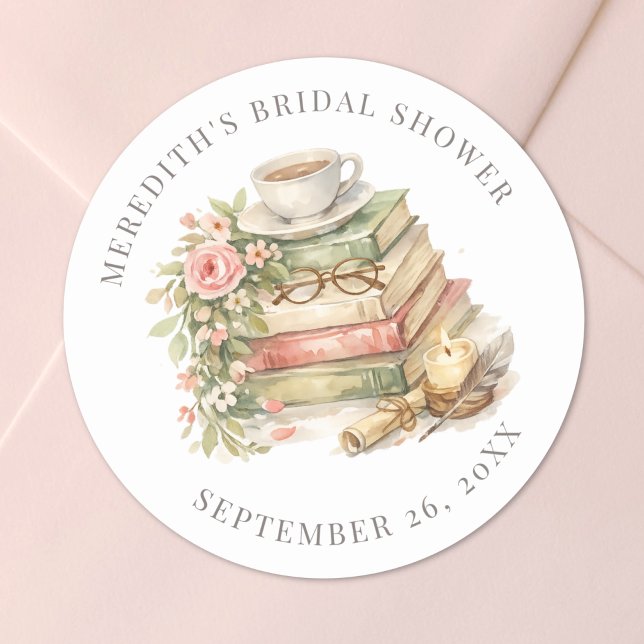 Pegatina Redonda Capítulo Floral Libro Despedida de Soltera (A New Chapter Floral Book Bridal Shower Classic Round Sticker)
