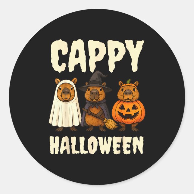 Pegatina Redonda Cappy Halloween Funny Capybara Ghost Witch Pumpkin (Anverso)