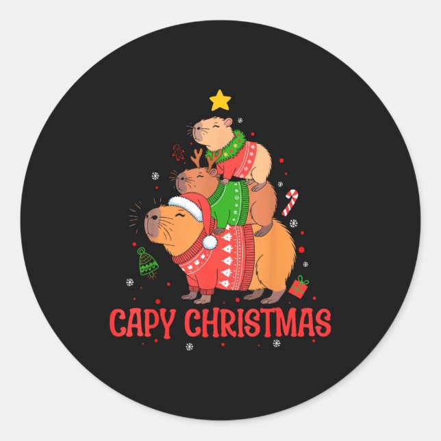 Pegatina Redonda Cappy Holidays Capybara Christmas Cute Capy Xmas T (Anverso)