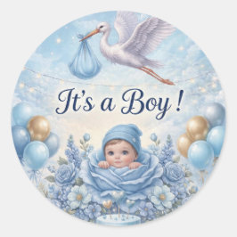 Pegatina Redonda Caprichoso Es un Niño Azul Cigüeña Baby Shower 