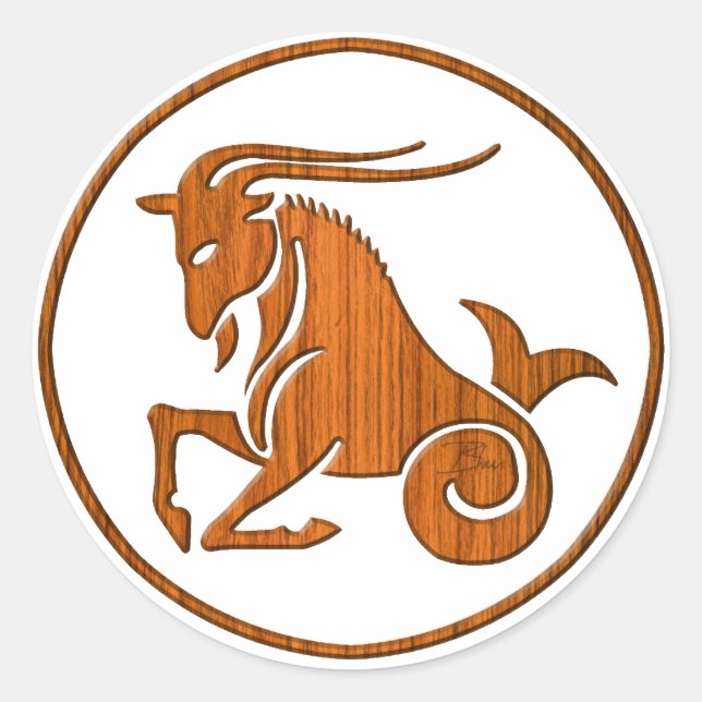 Pegatina Redonda Capricornio de madera Rótulo de Astrología de Cabr (Anverso)
