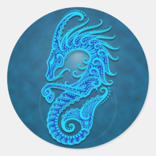 Pegatina Redonda Capricornio tribal azul complejo