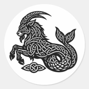 Pegatina Redonda Capricornio — Zodiaco de Tinta Embrujada Cabra‑Pez