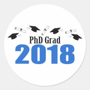 Pegatina Redonda Caps Y Diplomas De PhD Grad 2018 (Azul)