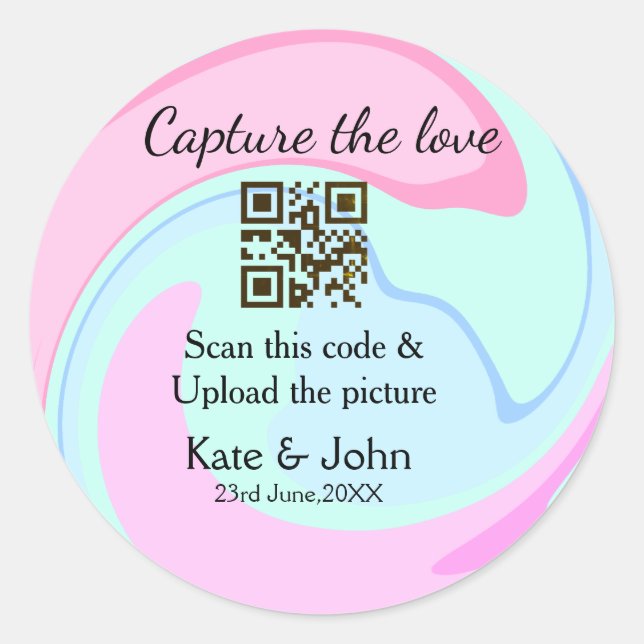 Pegatina Redonda Capturar el amor añadir QR scan mármol azul rosa (Anverso)