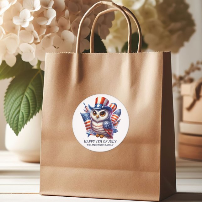 Pegatina Redonda Capucha Patriótica Top Hat Red White Blue 4 de jul (Happy 4th of July patriotic owl gift bag sticker)