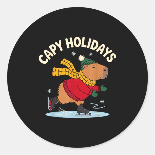 Pegatina Redonda Capy Holidays Ice Skating Capybara Funny Xmas Chri (Anverso)