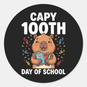 Pegatina Redonda Capybara 100.º día de escuela adorable animal capy