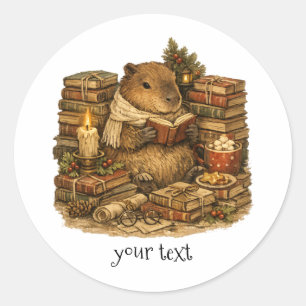 Pegatina Redonda Capybara Acogedor Leyendo Libros Regalo de Navidad
