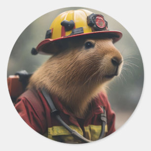 Pegatina Redonda "Capybara al rescate: Extraordinario bombero