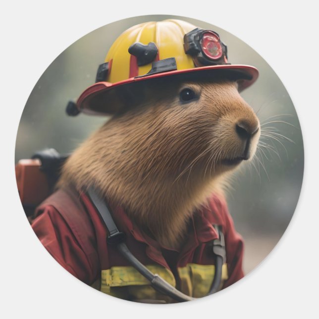 Pegatina Redonda "Capybara al rescate: Extraordinario bombero (Anverso)