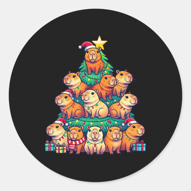 Pegatina Redonda Capybara Árbol de Navidad Gracioso Capybara Xmas (Anverso)