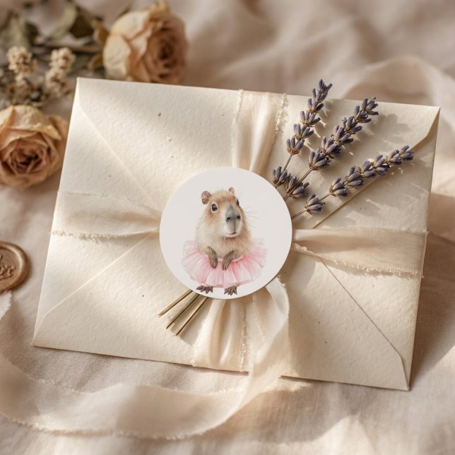 Pegatina Redonda Capybara Baby Shower  (watercolor baby shower sticker with pink tutu capybara on soft white background)