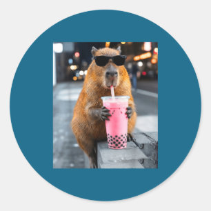 Pegatina Redonda Capybara bebiendo té helado de boba meme divertido