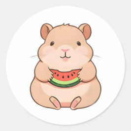 Pegatina Redonda Capybara Chibi Kawaii Comiendo Rodaja de Sandía