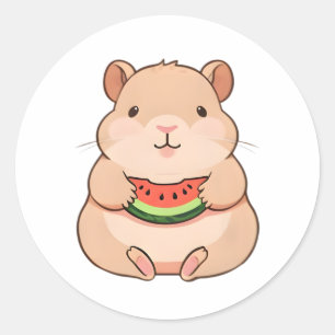 Pegatina Redonda Capybara Chibi Kawaii Comiendo Rodaja de Sandía