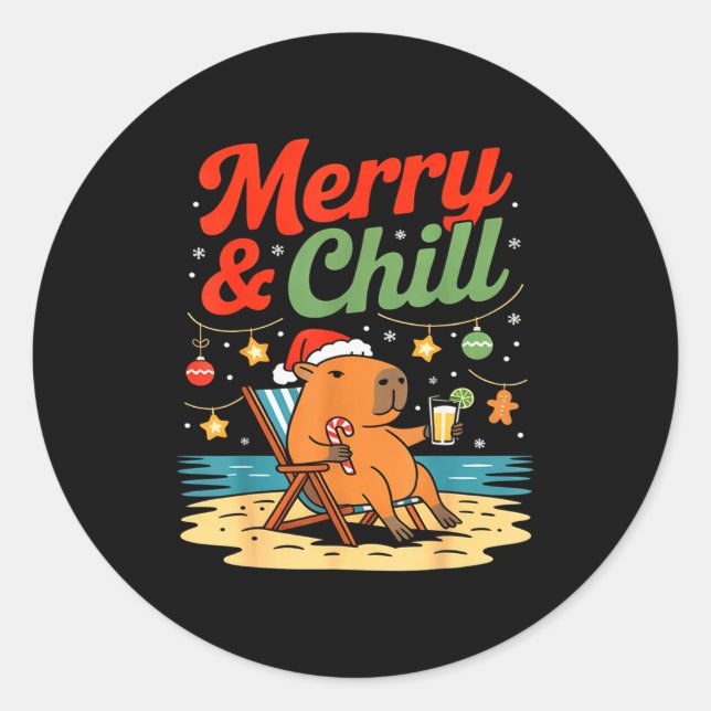 Pegatina Redonda Capybara Christmas Holiday Beach Vibes Merry And C (Anverso)