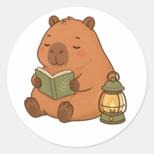 Pegatina Redonda Capybara de lectura acogedor por lámpara Regalo de